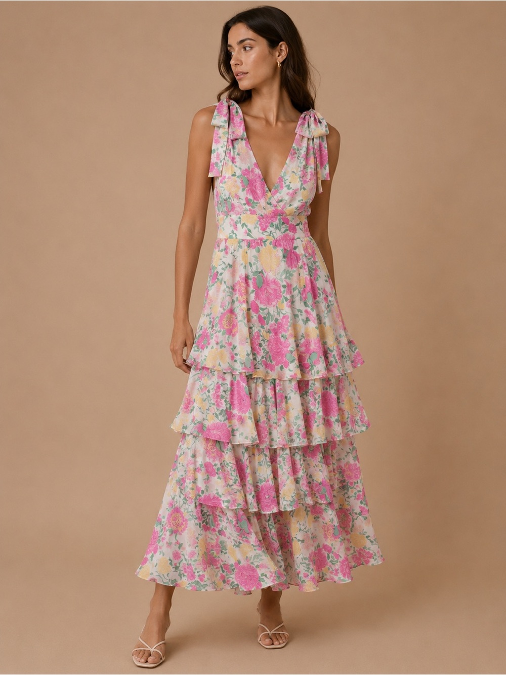 WAYF Floral Tiered Maxi Dress with Tie-Strap Shoulders - Pink Floral Size Medium - Picture 1 of 5